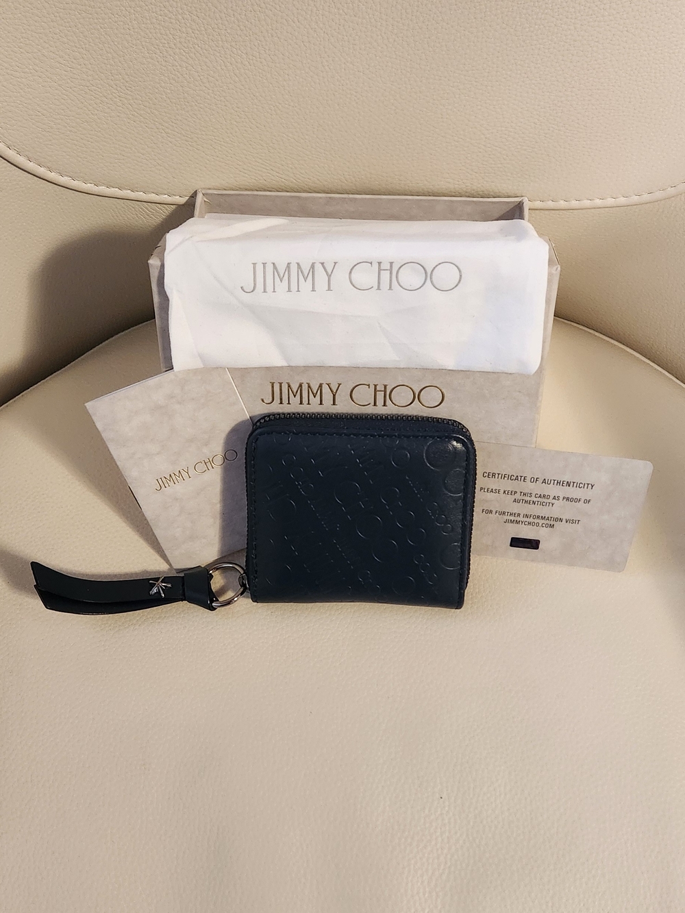 Jimmy Choo Dark Navy Embossed Leather Zip Wallet Wristlet